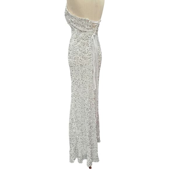 NWT White Silver Strapless Sequin Evening Gown with Corset Back on Velvet Fabric - Picture 10 of 14